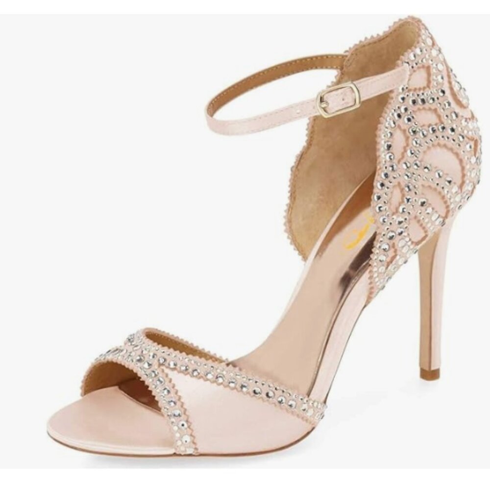 XYD Pink Chic Peep Toe D'Orsay High Heel Rhinestone Studs Ankle Strap Sandals